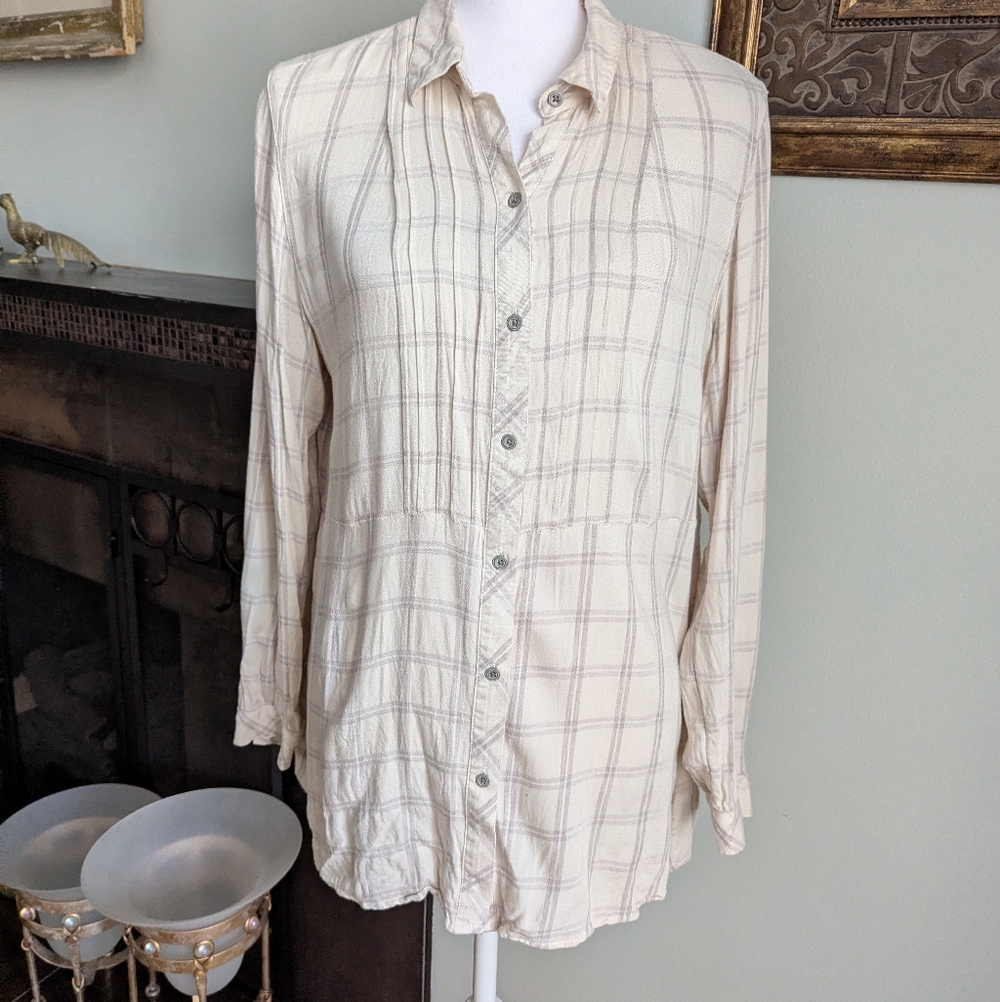 J.Jill Plaid Pin Tuck Tunic Womens Medium Button Up Soft Flannel Shirt Cream 130